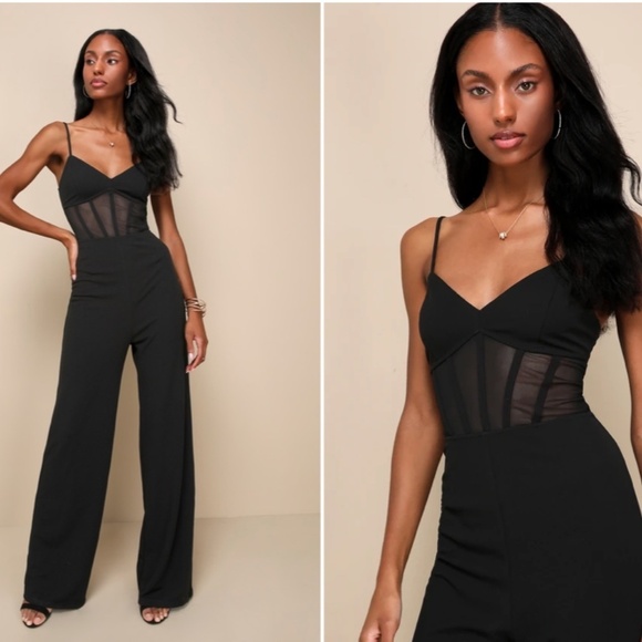 Lulus Dresses & Skirts - LULU's Sexy Chic Elegant Sheer Bustier Corset Black Wideleg Jumpsuit Pantsuit